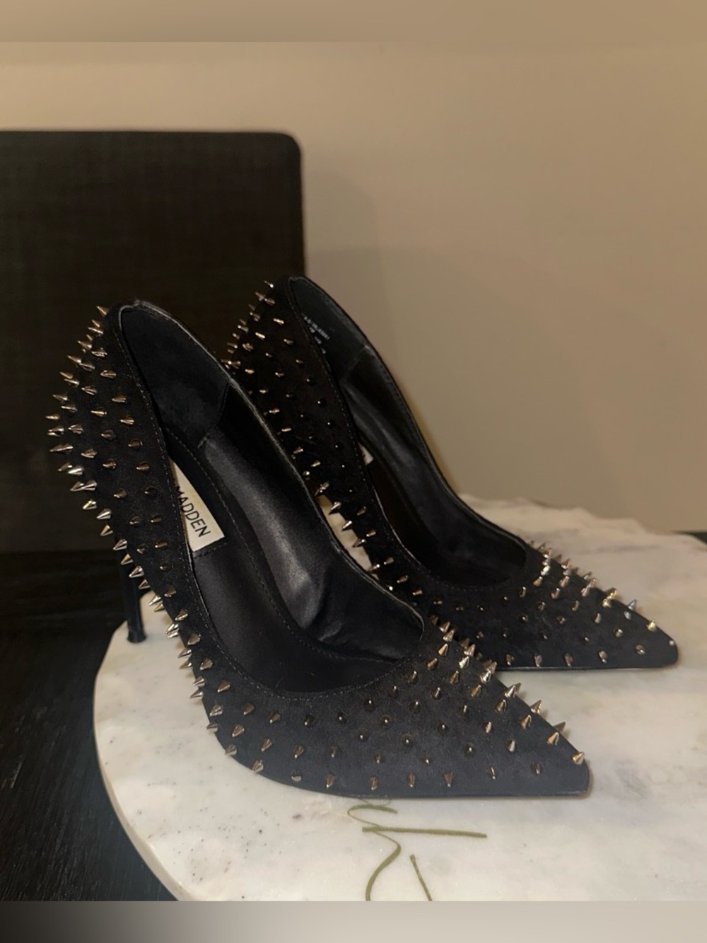 Steve Madden Black Pointed Toe Stiletto Pumps with Gold Spikes
